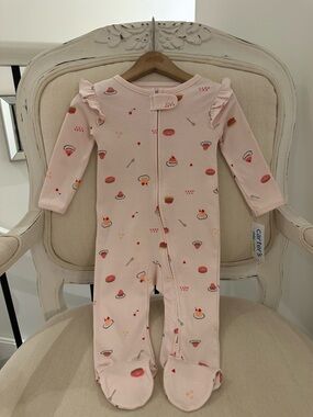 🤍 3~6 Mth Ballet Pink Ruffle-Shoulder Footed Cotton One-Piece with Dessert Print